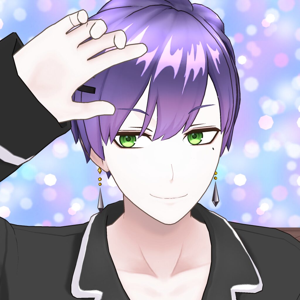 Anime-style portrait of a purple-haired person with green eyes saluting with a raised hand, background of soft bokeh lights.