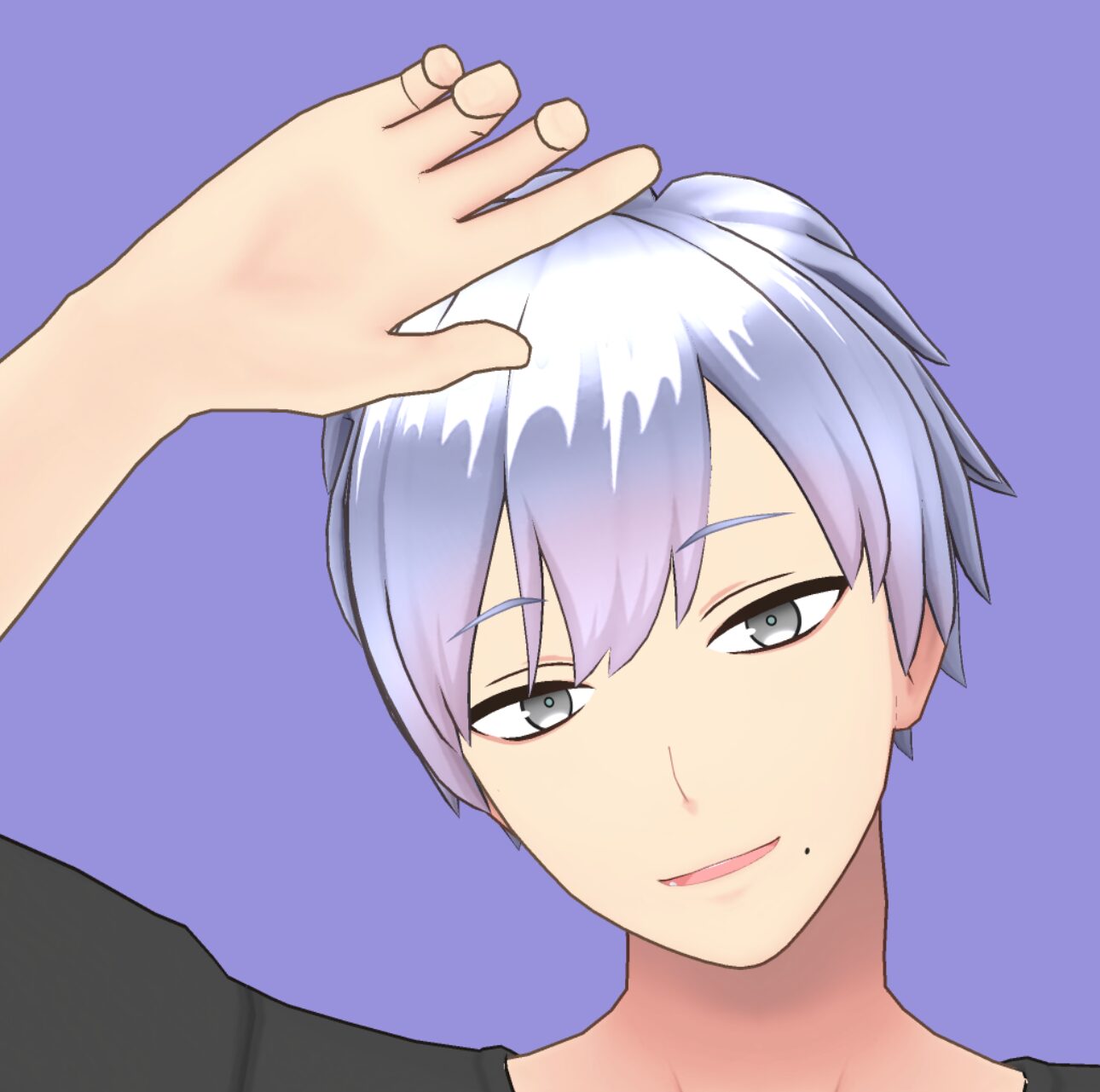 Anime-style person with short silver hair, hand resting on top of their head against a purple background, smiling softly.