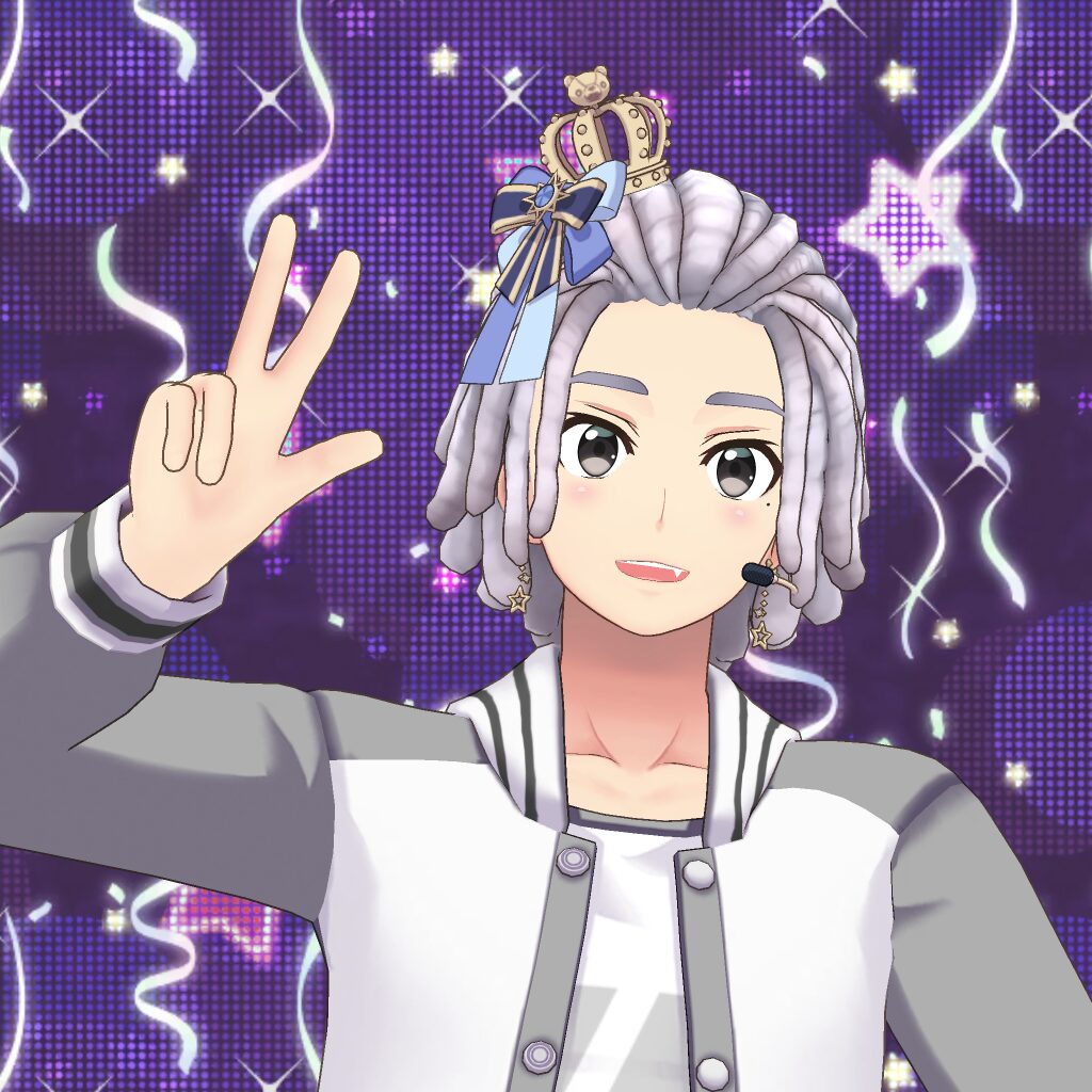 Anime-style figure on stage smiling and giving a peace sign, purple glittery background with confetti and a headset mic.
