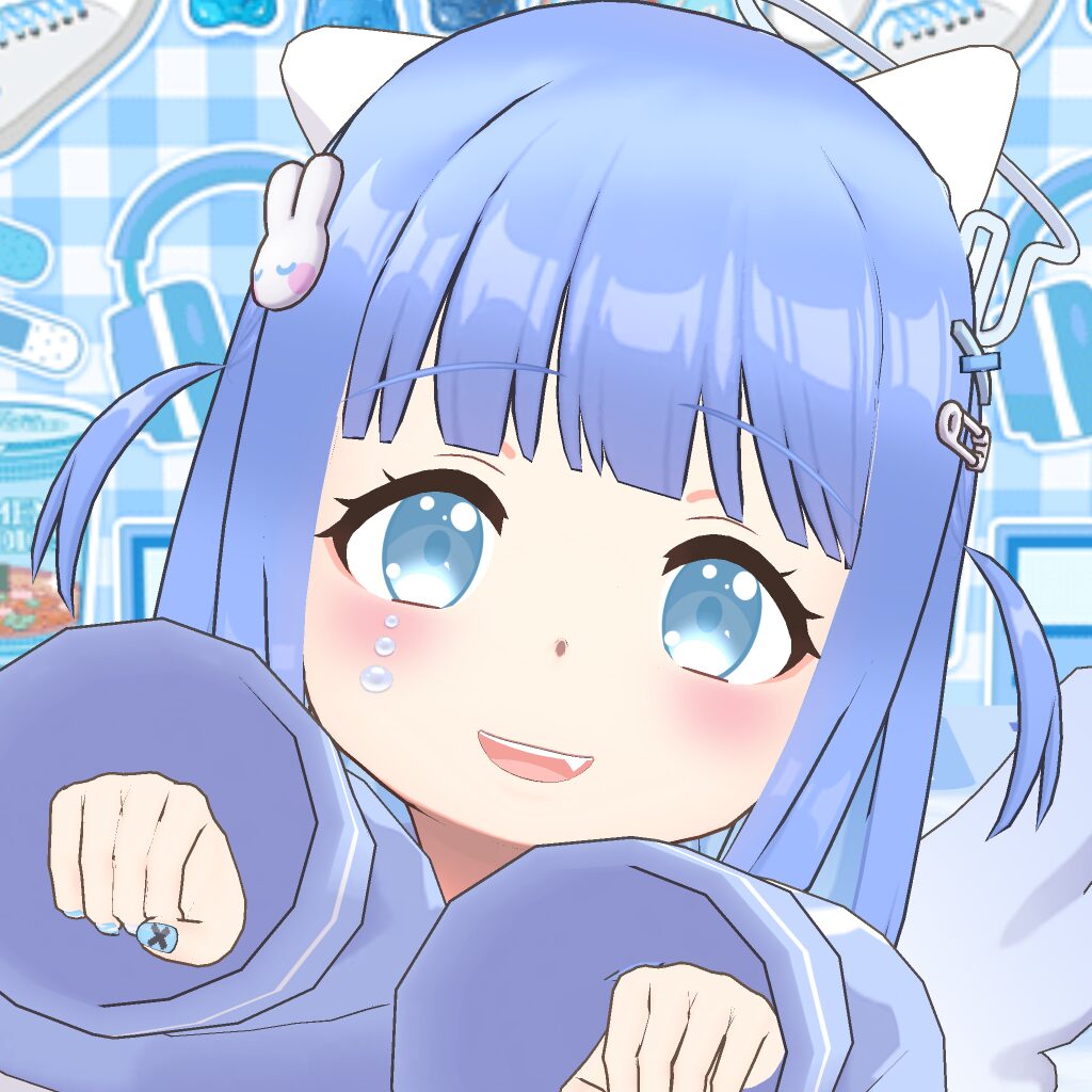 Close-up of a cute anime girl with blue hair and white cat ears, smiling and posing with her paws raised against a light blue, checkered background.