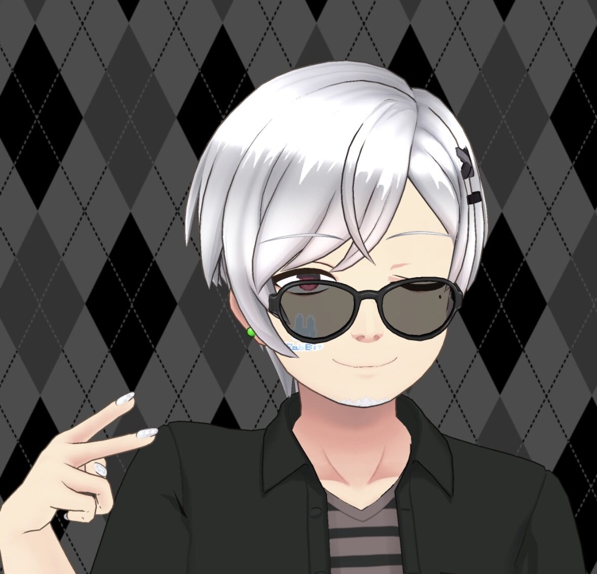 Anime-style portrait of a character with silver hair and dark sunglasses, wearing a black shirt over a striped tee, posing with two fingers up against a gray argyle background.