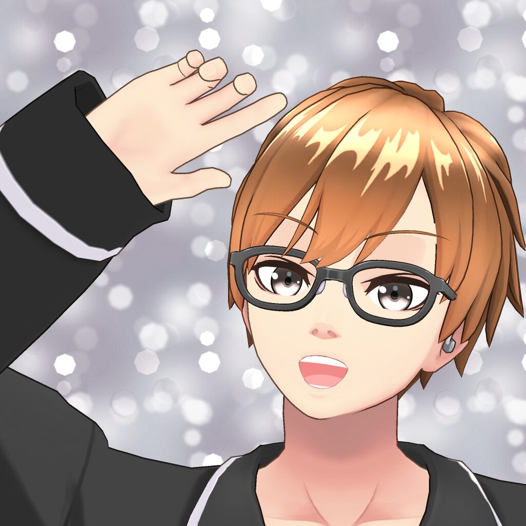 Anime-style character with short light-brown hair and glasses, waving hello against a soft bokeh background.