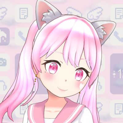 Anime girl with pink hair and cat ears, pink eyes, in a pink-and-white sailor uniform, pastel app-icons in the background.