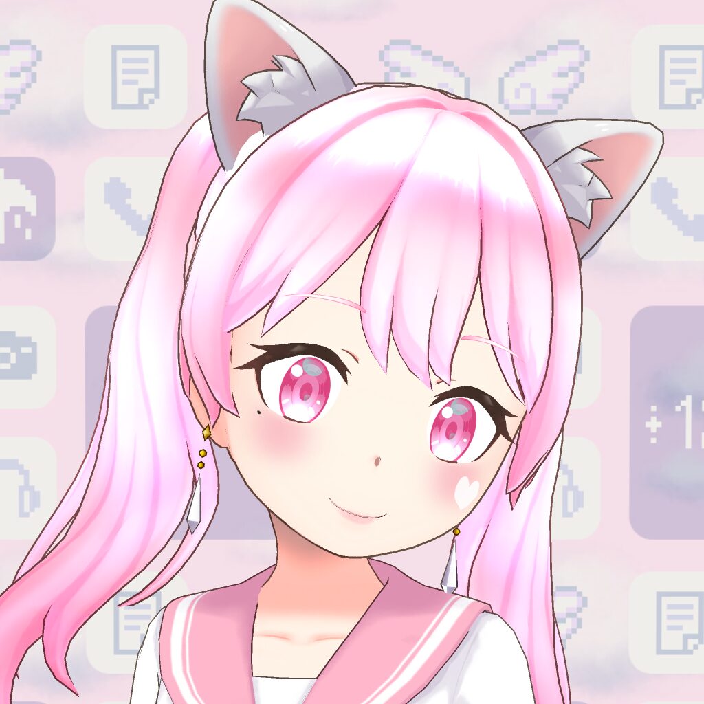 Anime girl with pink hair and cat ears, pink eyes, in a pink-and-white sailor uniform, pastel app-icons in the background.