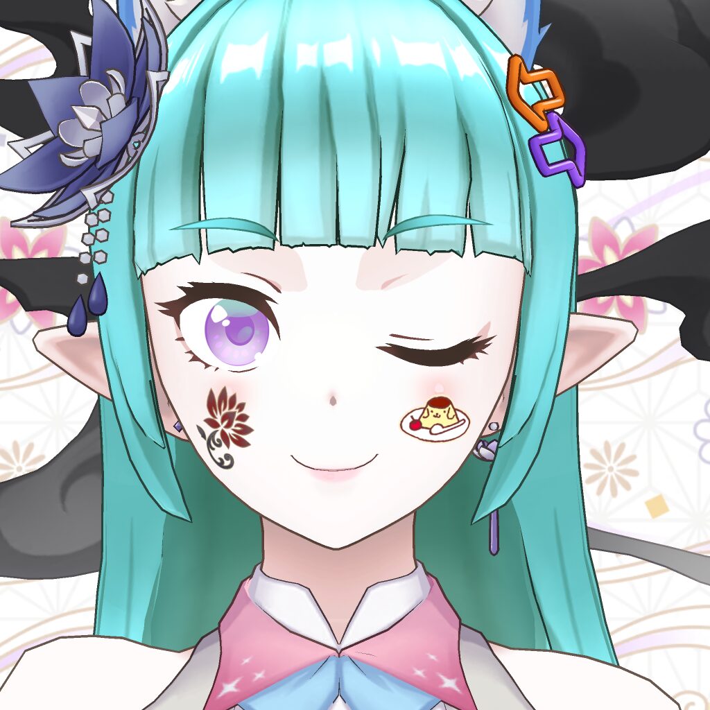 Anime-style girl with teal hair winking, facial tattoos: floral design on left cheek and a pudding sticker on right cheek