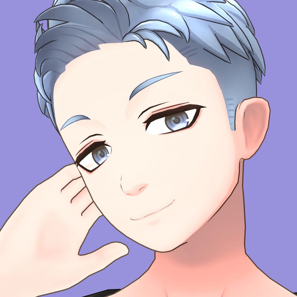 Anime-style portrait of a smiling person with blue-gray hair, resting their cheek on their hand against a purple background.
