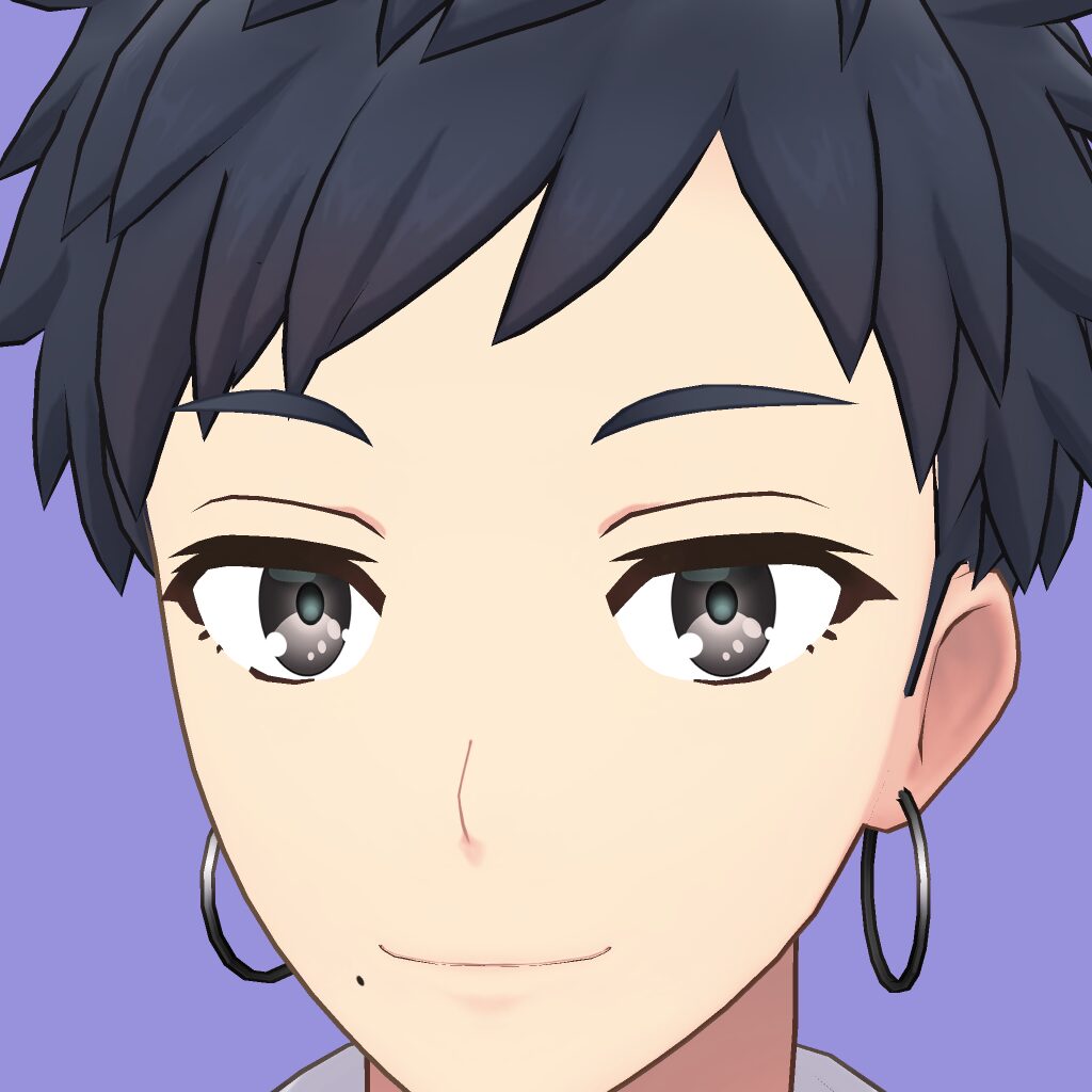 Anime-style portrait of a person with short dark hair, hoop earrings, and a subtle smile on a purple background.