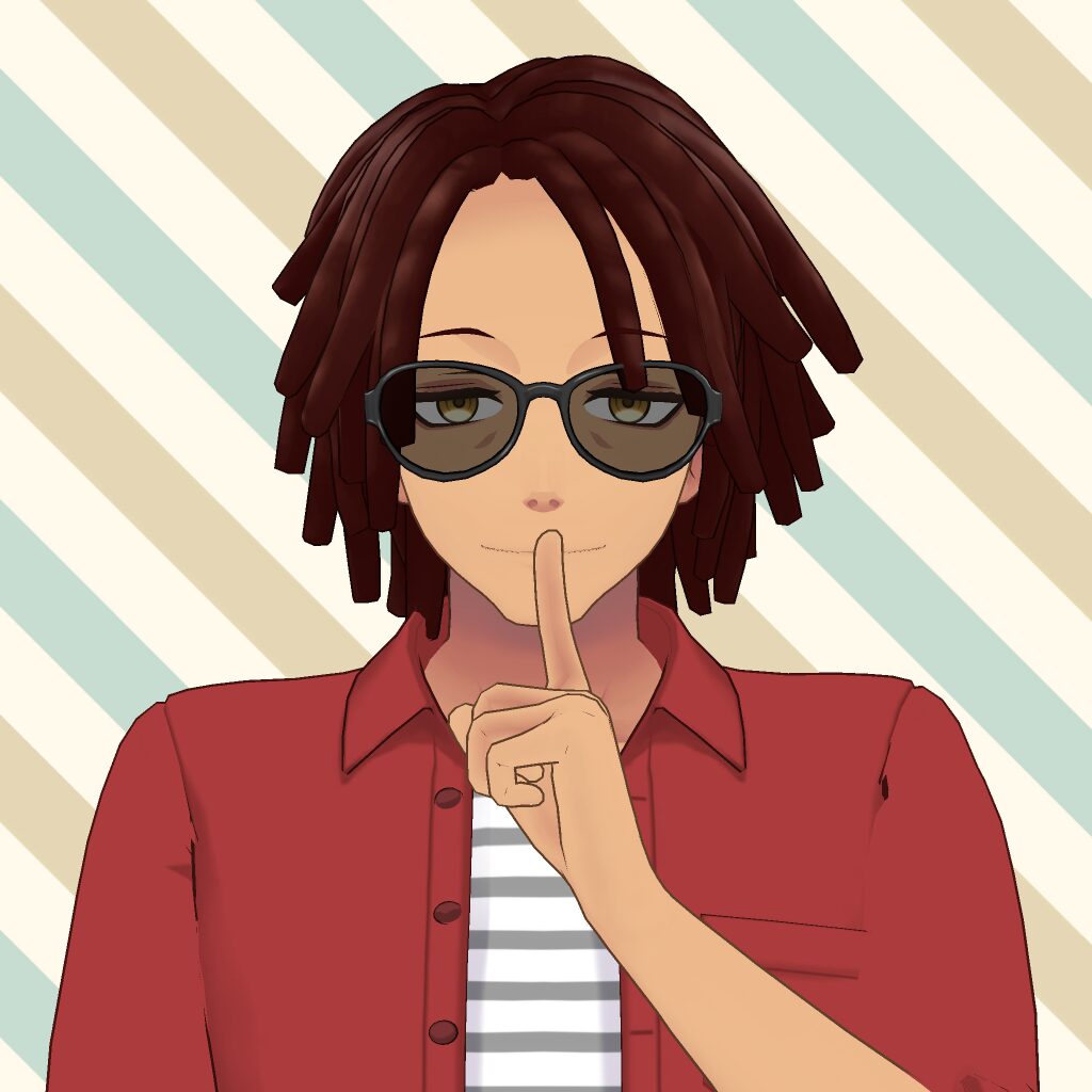Cartoon avatar with dark dreadlocks, sunglasses, red jacket over a striped shirt, and a finger held to lips in a shushing gesture.