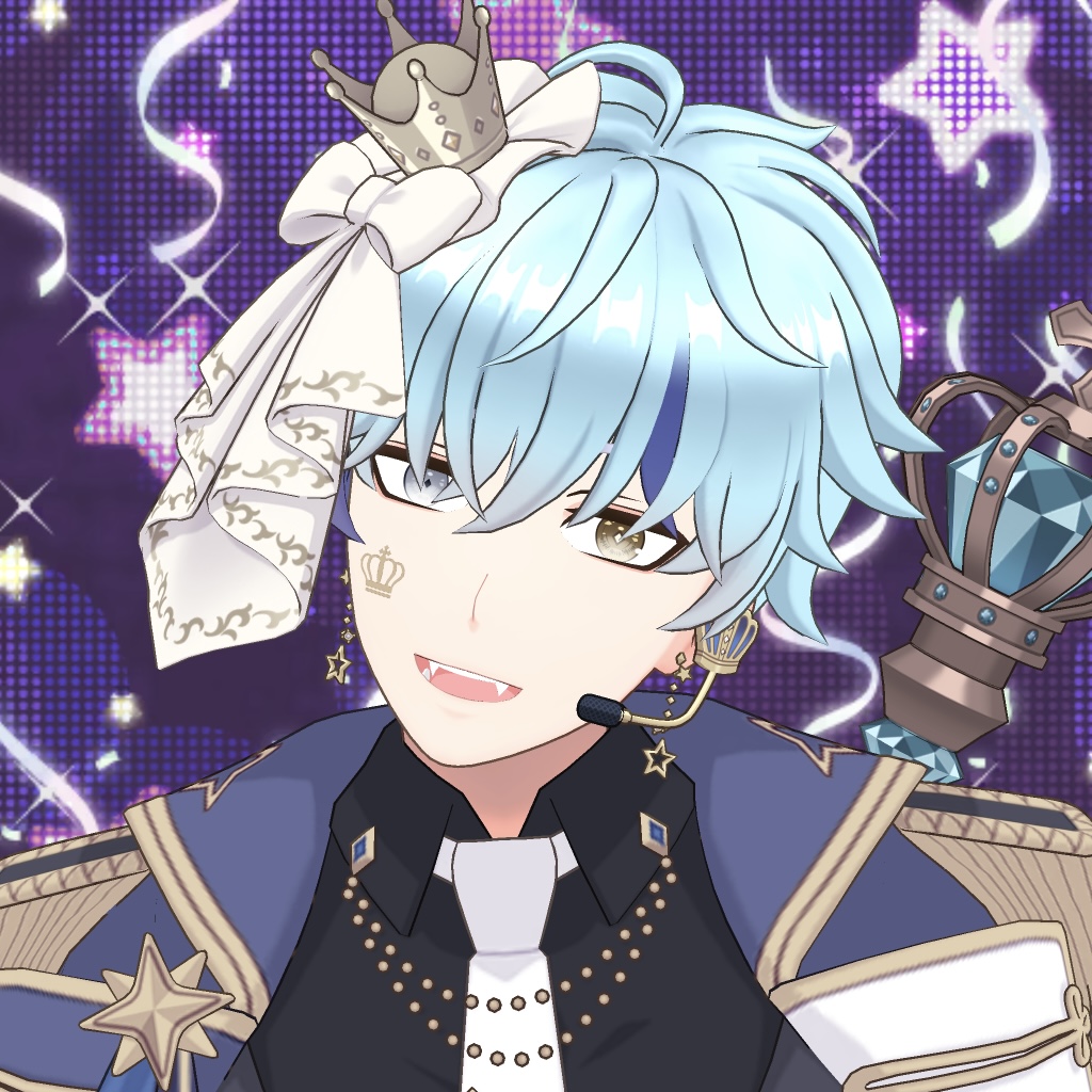 Anime prince performer with light blue hair, crown, microphone headset, and ornate royal outfit on a purple stage backdrop