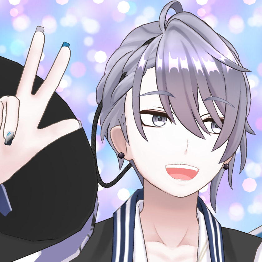 Close-up of a smiling anime-style person with gray hair, flashing a peace sign toward the viewer.