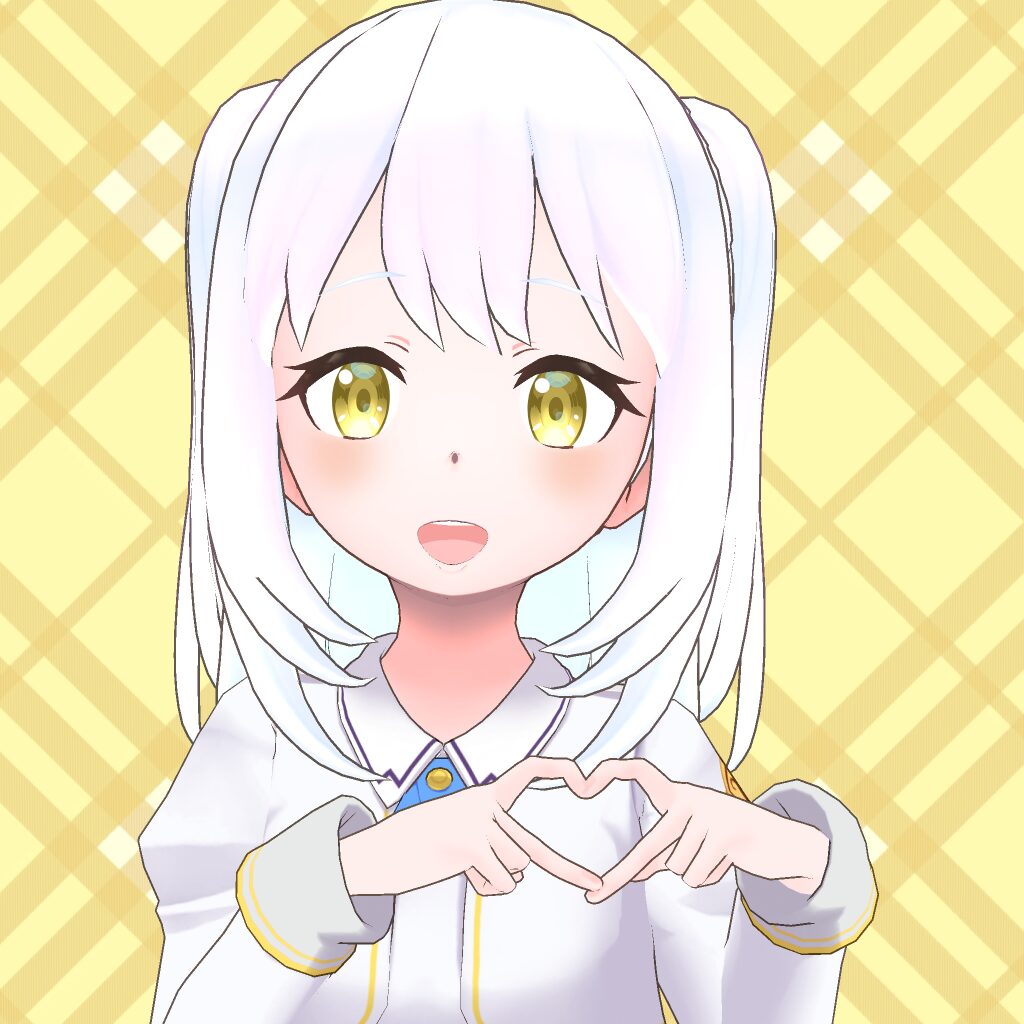 Anime girl with white hair and yellow eyes making a heart gesture with her hands.