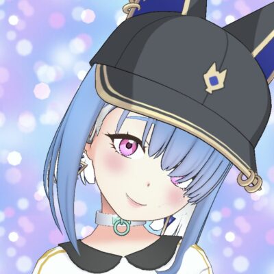 Anime-style girl with light blue hair and pink eyes wearing a dark tilted cap, white collar shirt, and a pale blue choker, against a pastel bokeh background.