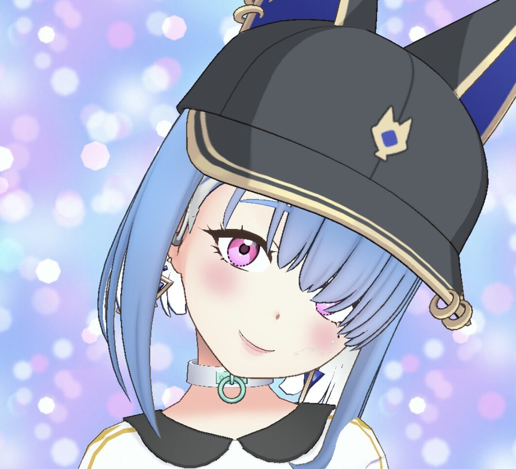 Anime-style girl with light blue hair and pink eyes wearing a dark tilted cap, white collar shirt, and a pale blue choker, against a pastel bokeh background.