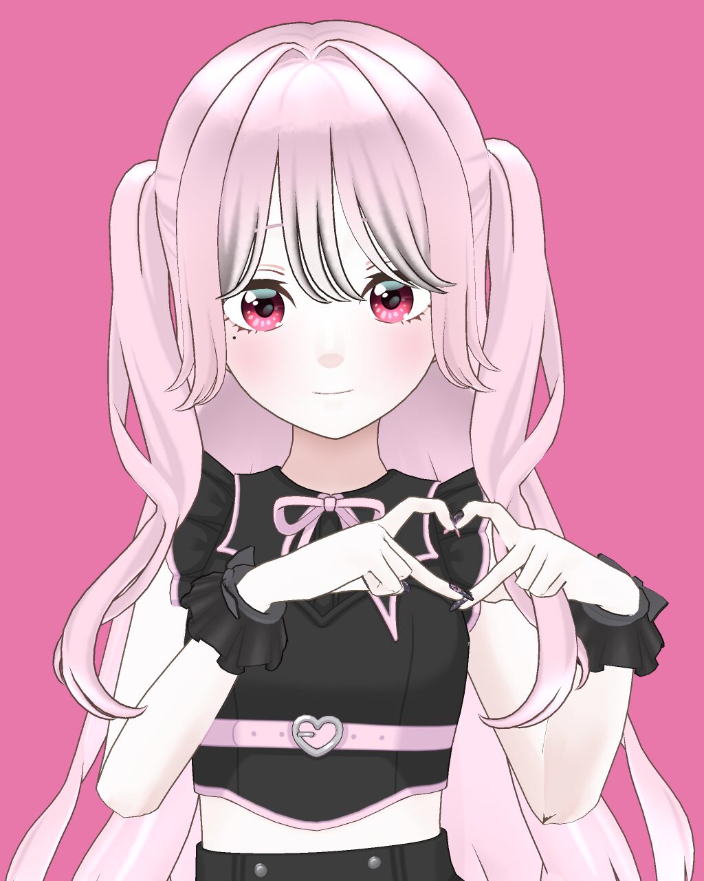 Anime-style girl with long pink hair in twin tails forming a heart shape with her hands against a pink background, wearing a black and pink outfit.