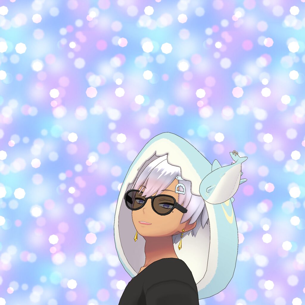 Animated character with short white hair wearing oversized black sunglasses and a light blue wide-brimmed hat with a small dolphin accessory, posing against a pastel blue-pink bokeh background.