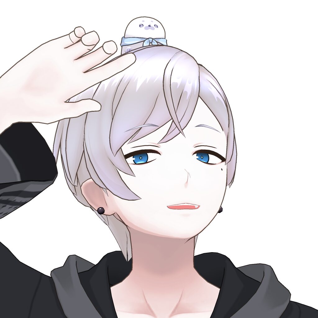 Person with lavender hair and blue eyes, wearing a black hoodie, raising a hand to touch a small snowman hair accessory on their head.