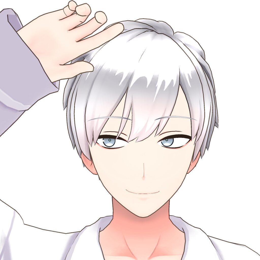 Anime-style portrait of a pale-skinned person with short white hair and blue eyes as a hand adjusts their fringe at the forehead.