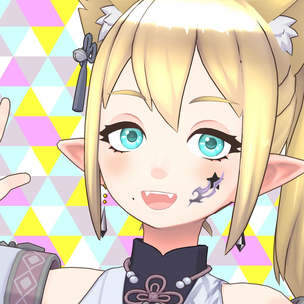 Close-up of an anime-style character with turquoise eyes, elf-like ears, and blonde hair against a pastel triangular background.