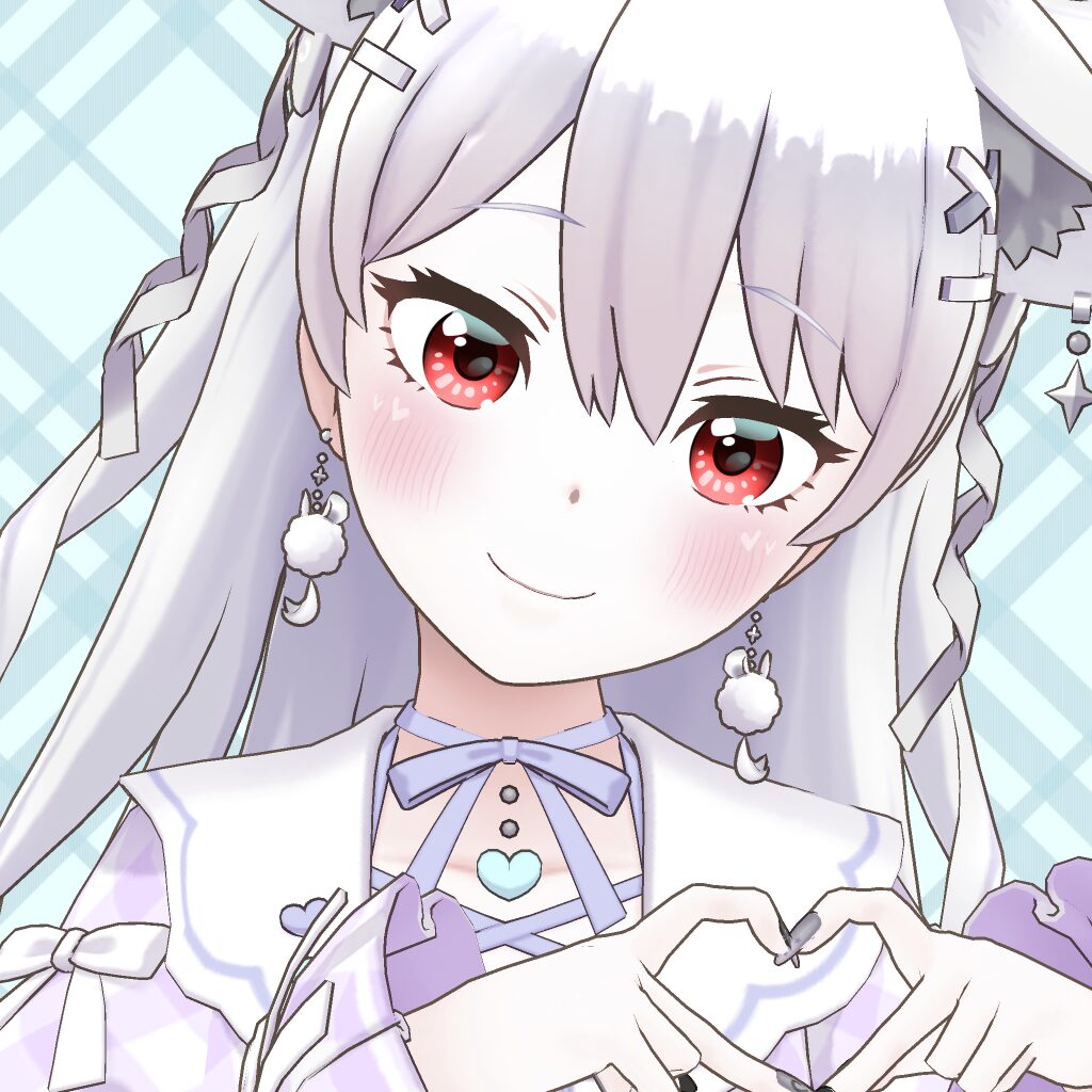 Anime-style girl with lavender hair and red eyes, smiling softly while forming a heart with her hands, wearing a lavender outfit and heart pendant.