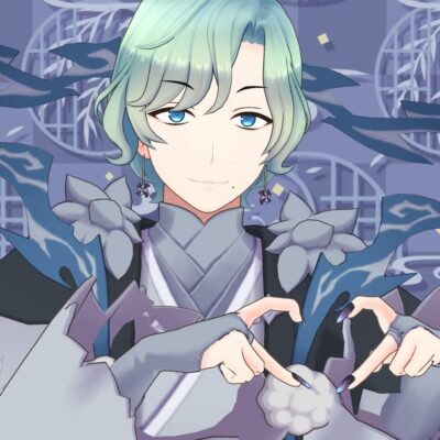 Anime-style character with aqua hair and blue eyes, wearing a pale kimono-like outfit, hands framing a small white fluffy cloud-shaped object
