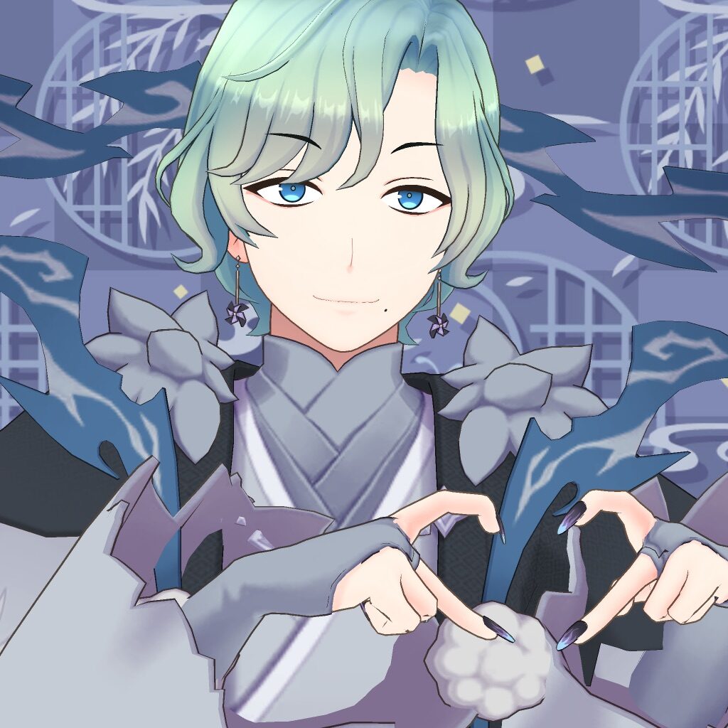 Anime-style character with aqua hair and blue eyes, wearing a pale kimono-like outfit, hands framing a small white fluffy cloud-shaped object