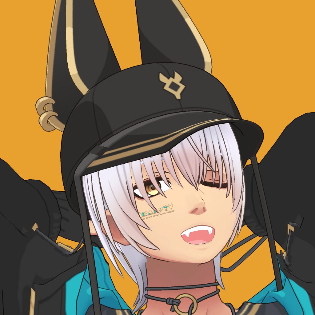 Anime-style character with white hair and yellow eyes, wearing a black helmet with tall bunny ears and gold accents against an orange background, showing fanged teeth.