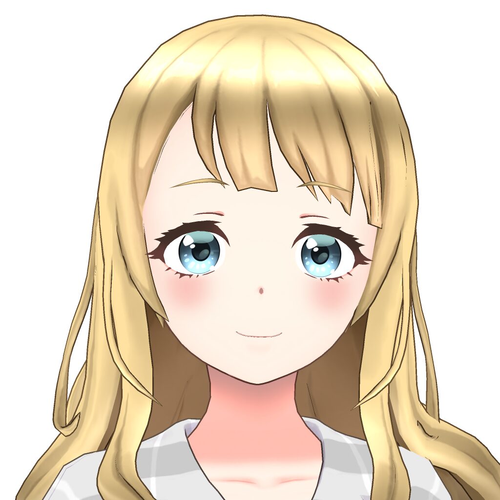 Anime-style portrait of a smiling blonde girl with blue eyes and rosy cheeks (head-and-shoulders).