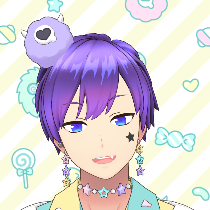 Anime-style portrait of a character with purple hair, blue eyes, star makeup, and pastel accessories on a candy-pattern background.