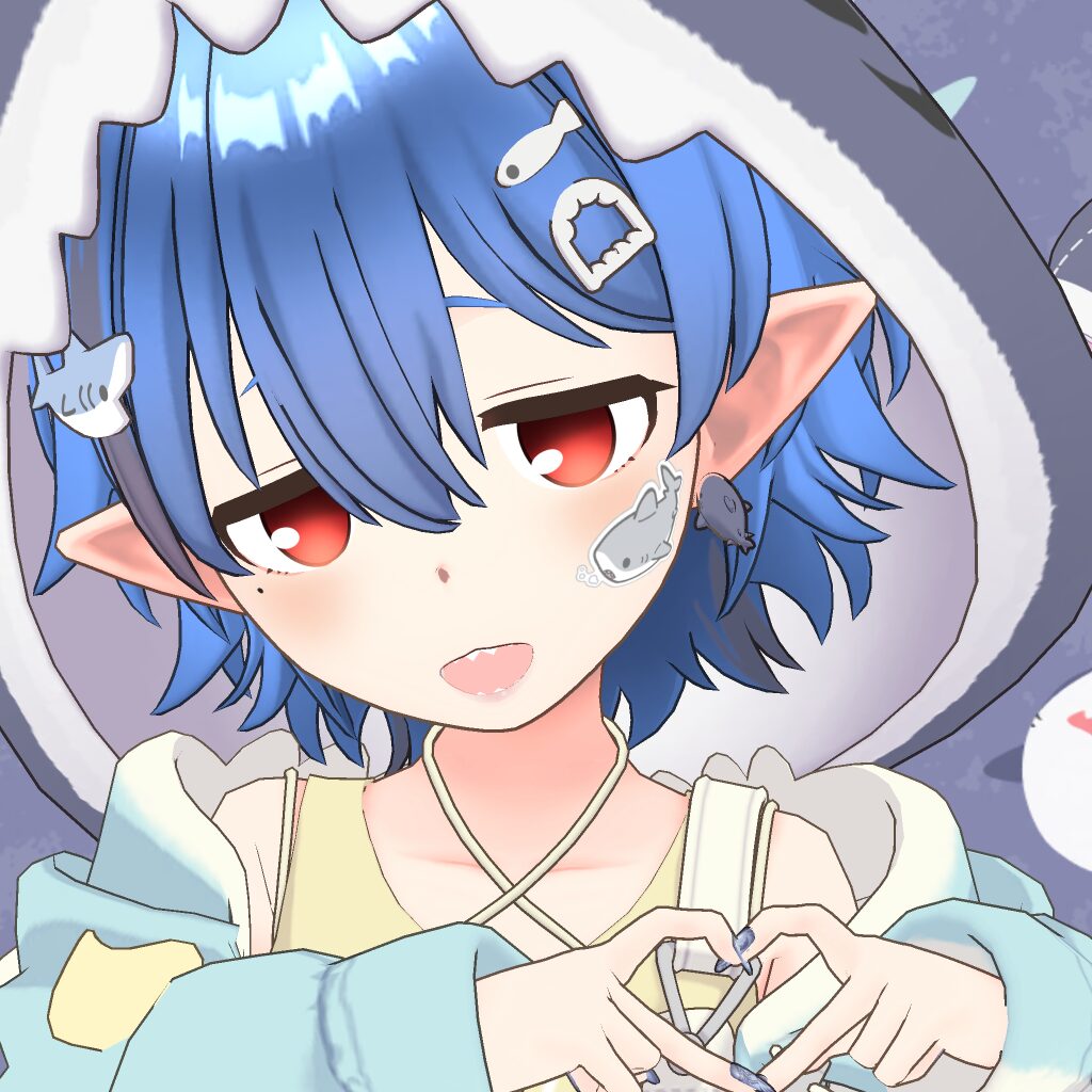 Anime-style blue-haired girl with elf ears in a hoodie, making a heart shape with her hands.