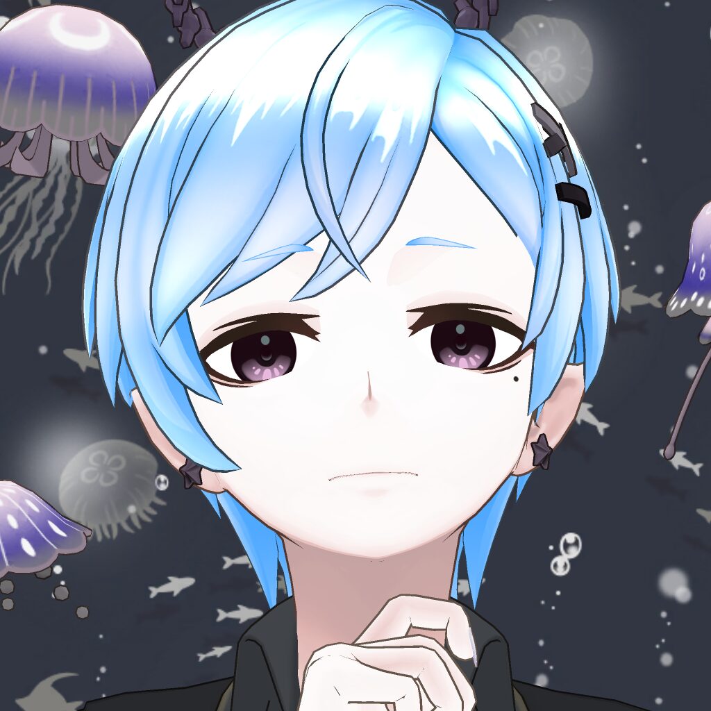 Close-up of an anime-style character with pale skin, light blue hair, and a somber expression, set against a dark underwater scene with jellyfish.