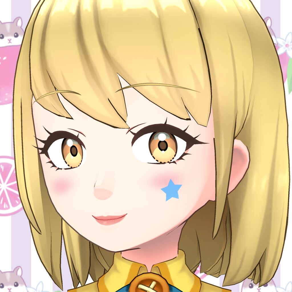 Close-up of a cheerful anime girl with blonde hair, yellow outfit, and a blue star sticker on her cheek.