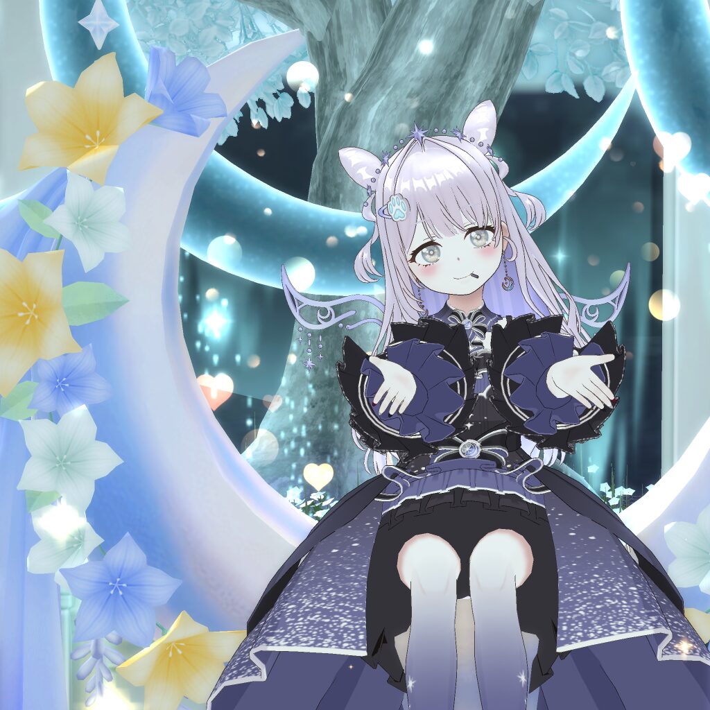 Anime-style girl with lavender hair in a frilly blue-black dress sits with arms extended in a dreamy, magical garden with glowing orbs and flower arches.