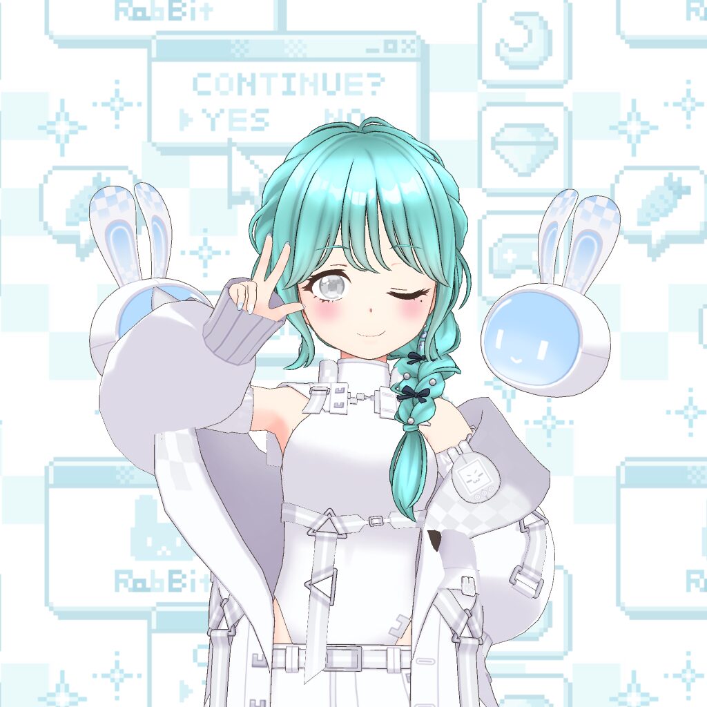 Anime-style girl with turquoise braided hair in a white futuristic outfit, winking and flashing a peace sign, with two blue robotic bunny companions floating beside her.
