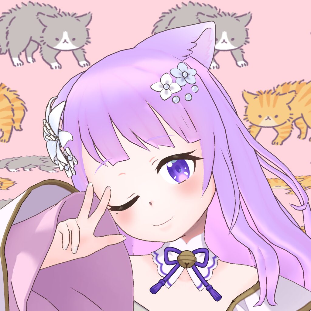 Cute anime girl with purple hair and cat ears winking and making a peace sign, wearing lavender outfit with a bow; pink background with cartoon cats.
