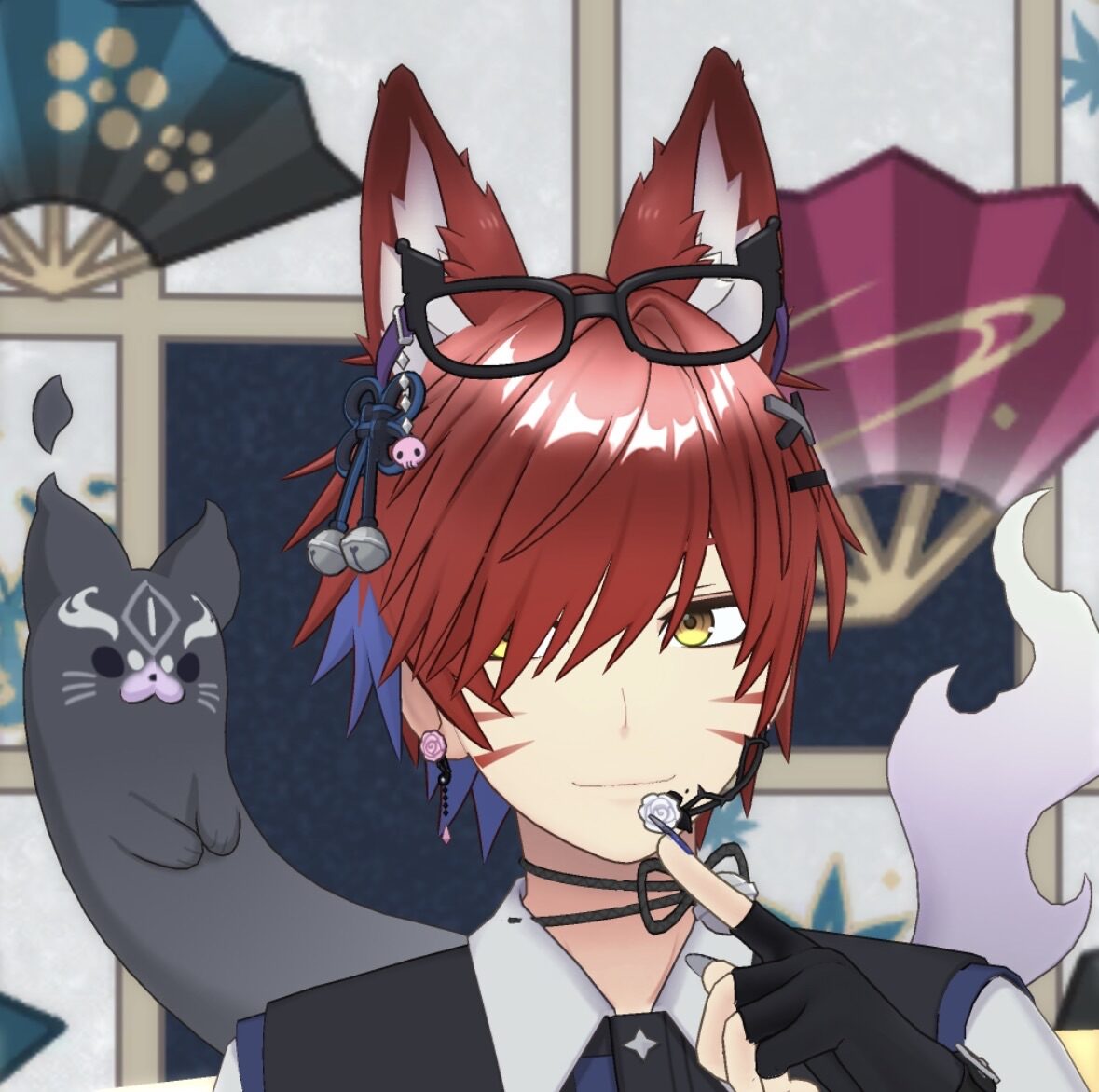 Anime-style red-haired character with fox ears and glasses resting on his head, touching his lips with a gloved finger; a gray cat figure sits beside him in a decorative setting.