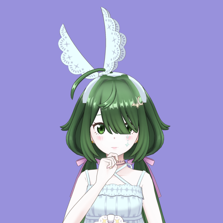 Anime-style girl with green hair wearing a lace bunny-ear headband on a lavender background, pink blush on cheeks.
