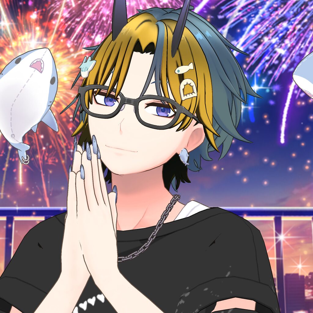 Anime-style person with two-tone hair, horns, glasses, and a chain necklace prays with hands pressed together as fireworks glow in the background.