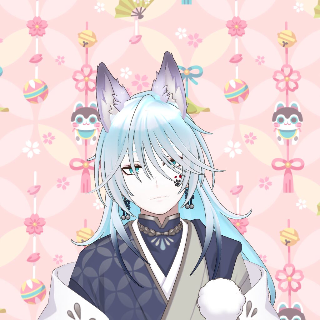 Anime-style character with light blue hair and fox ears, wearing a dark kimono, against a pink decorative background.