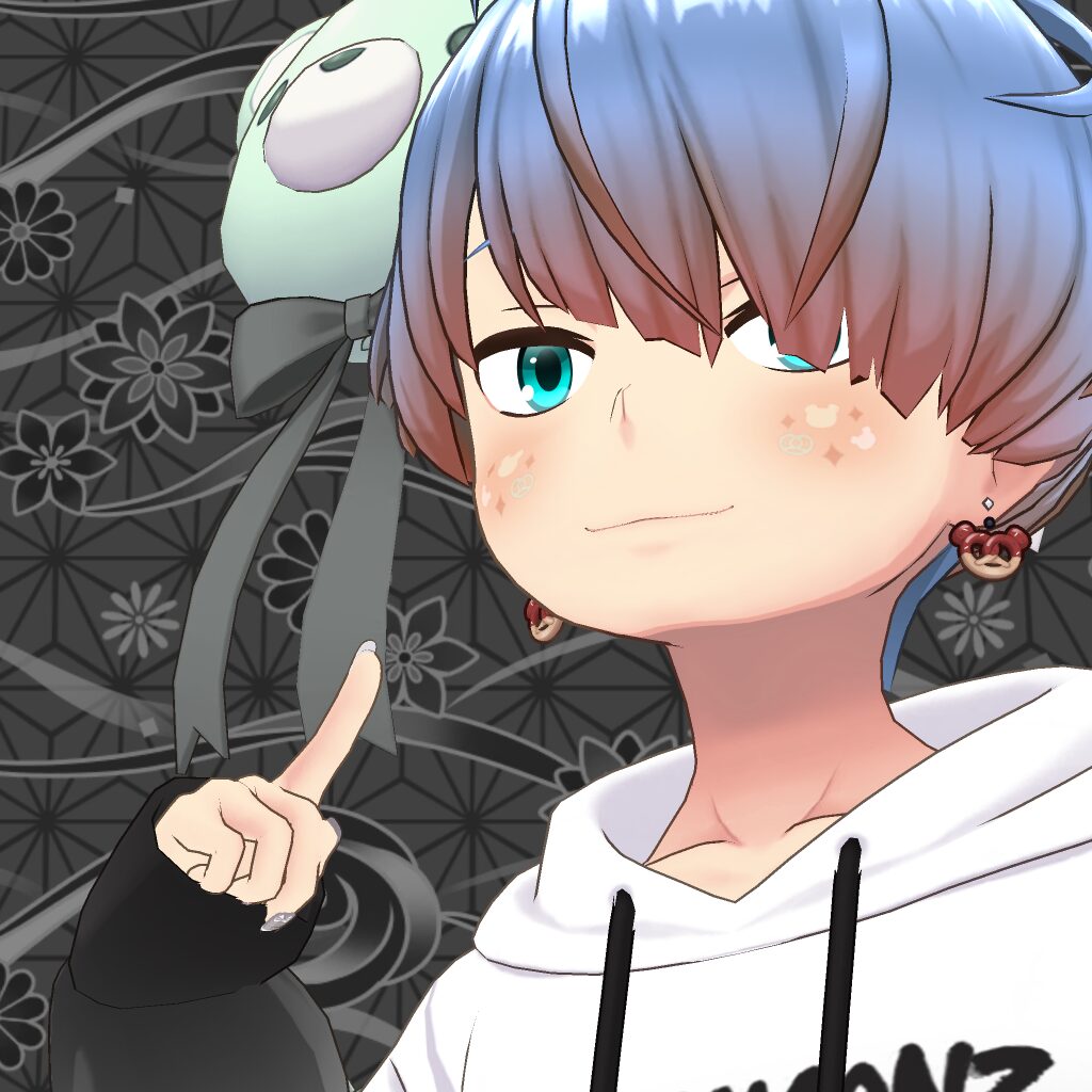 Anime-style character with blue hair and teal eye, wearing a white hoodie, pointing a finger, and a green plush toy in the patterned background behind.