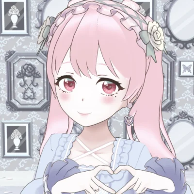 Cute anime girl with pink hair wearing a floral headpiece forms a heart shape with her hands, standing in a pale blue dress against an ornate wallpapered background with decorative frames.