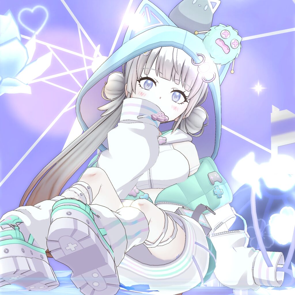 Cute anime girl in a pastel blue hoodie sits with one leg extended, against a purple geometric background.