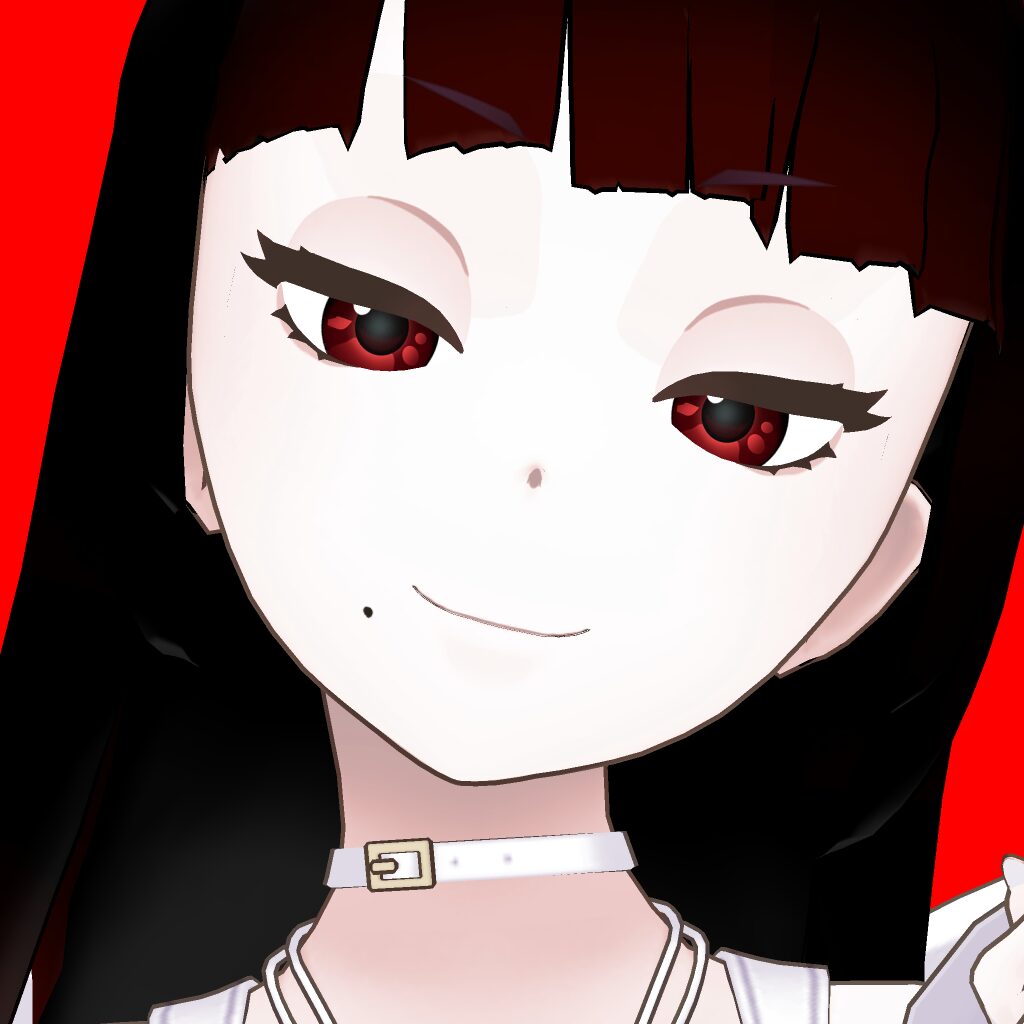 Close-up of an anime girl with pale skin, red eyes, and dark hair, wearing a white choker.