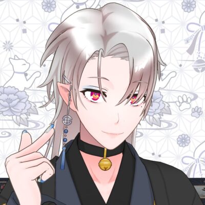 Portrait of a pale-haired anime character wearing a black choker with a gold bell, holding an ear with a blue earring visible behind the hair.