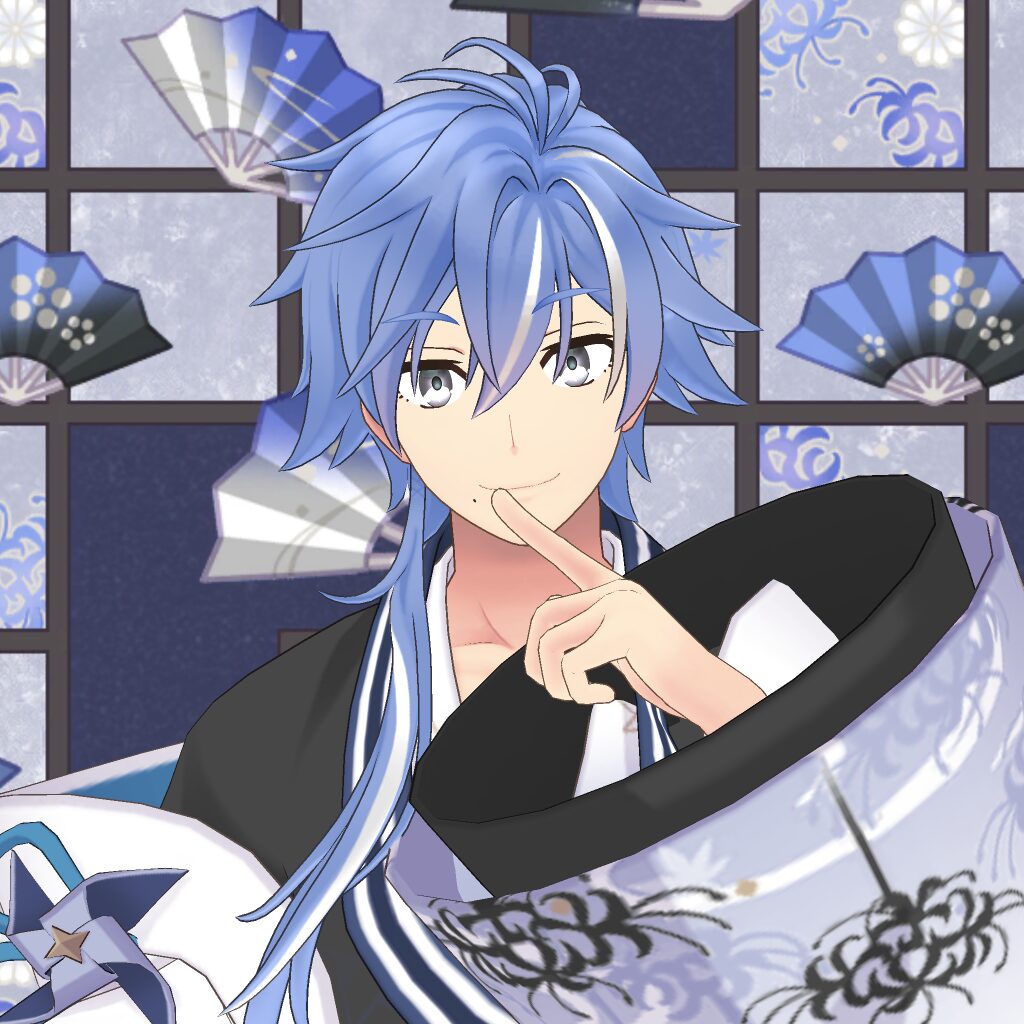 Anime-style male character with blue hair, finger to lips, wearing a kimono and holding a hat, decorative fans and patterned backdrop in the background.