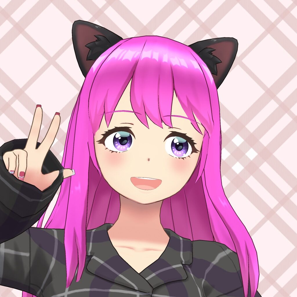 Anime-style girl with pink hair and cat ears, smiling and flashing a peace sign, wearing a dark plaid shirt.