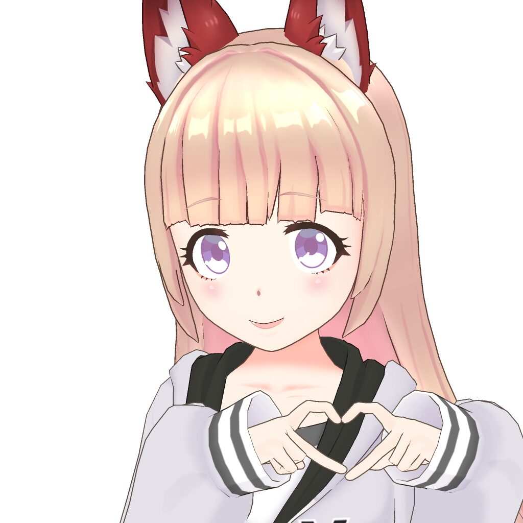 Anime-style girl with fox ears making a heart with her hands, wearing a white and black jacket, pink hair and purple eyes.