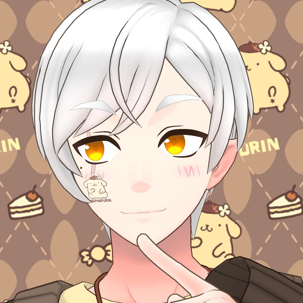 Anime-style portrait of a person with white hair and orange eyes, finger to lips, blush on the cheeks, and a tiny dog sticker on the cheek; brown Pompurin-patterned background.