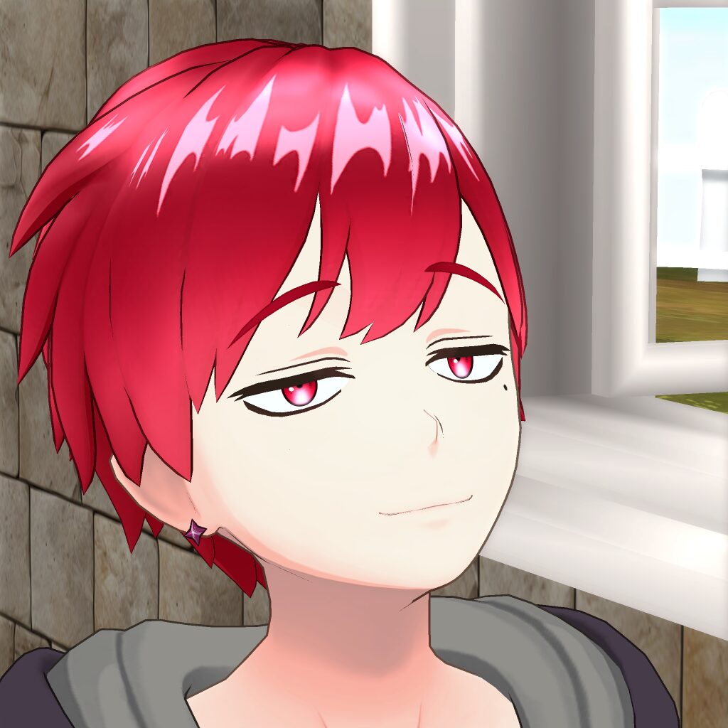 Anime-style character with short red hair, pink eyes, and a subtle smile, standing indoors near a window.