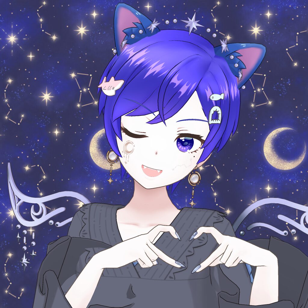 Anime-style girl with blue‑purple hair and cat ears, winking and forming a heart with her hands against a starry night sky background with moons and constellations
