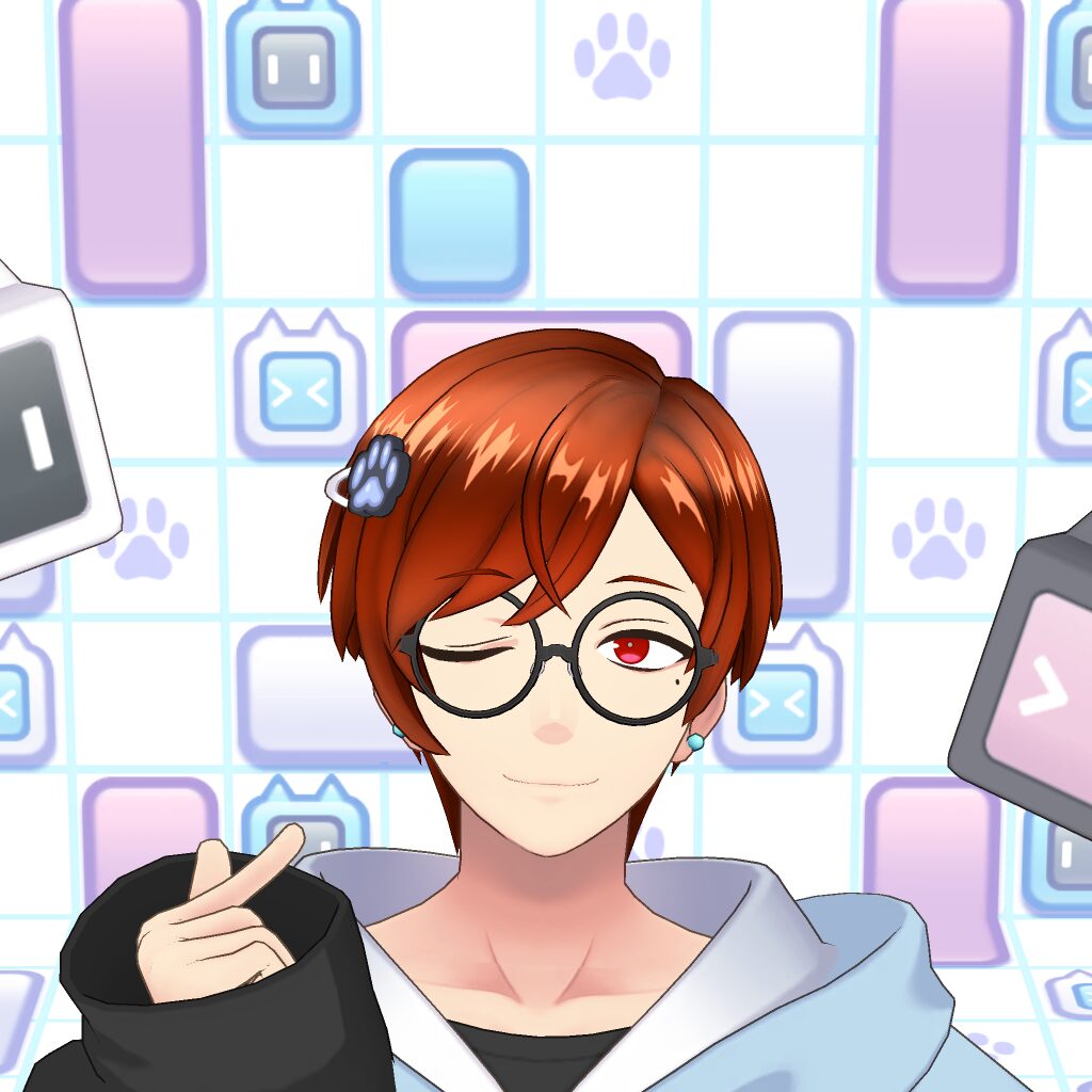 Cartoon character with orange hair and round glasses winking, making a peace sign, against a pastel tiled game background.